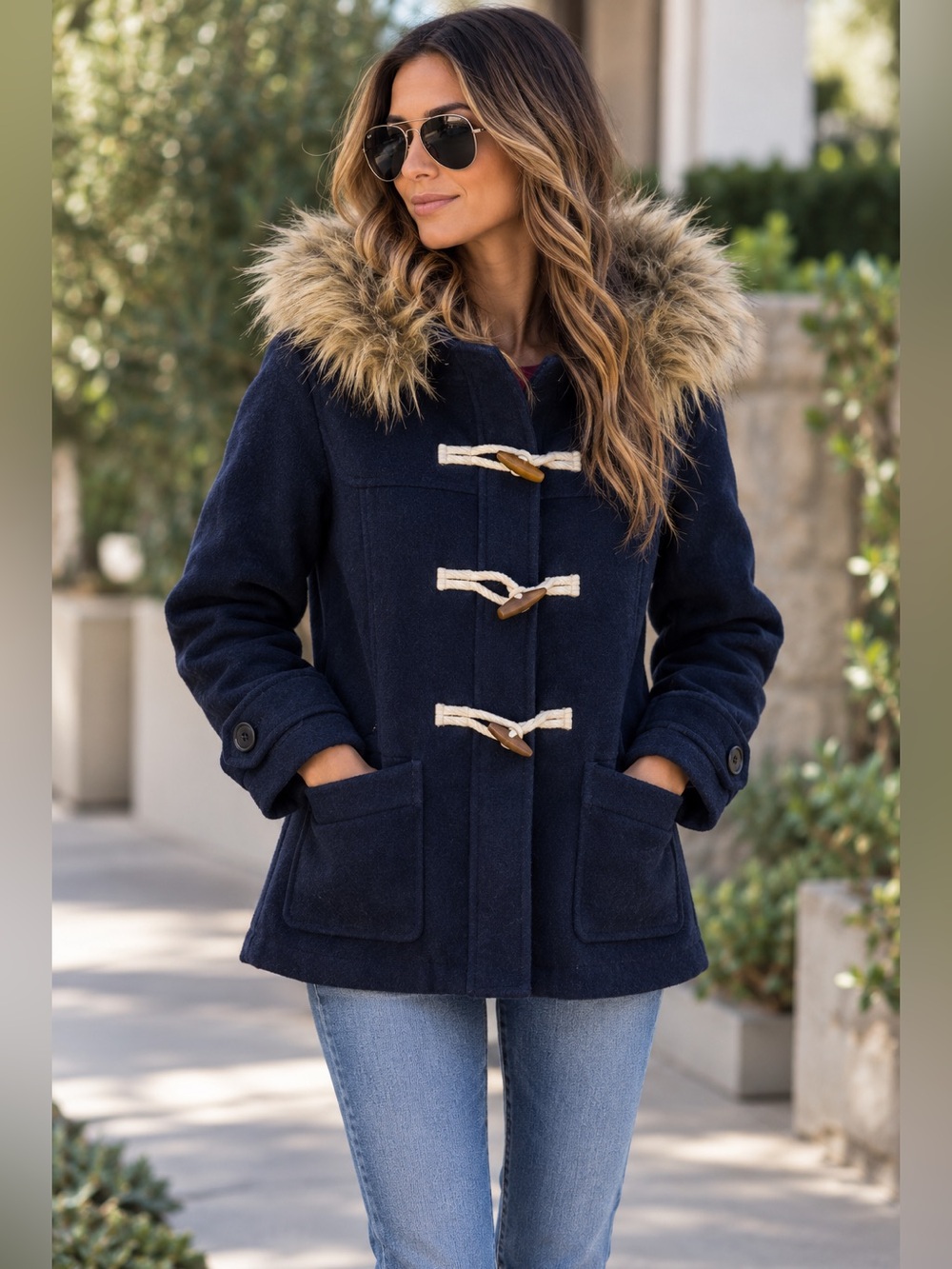 Abercrombie & Fitch blue faux fur hooded pea coat size M